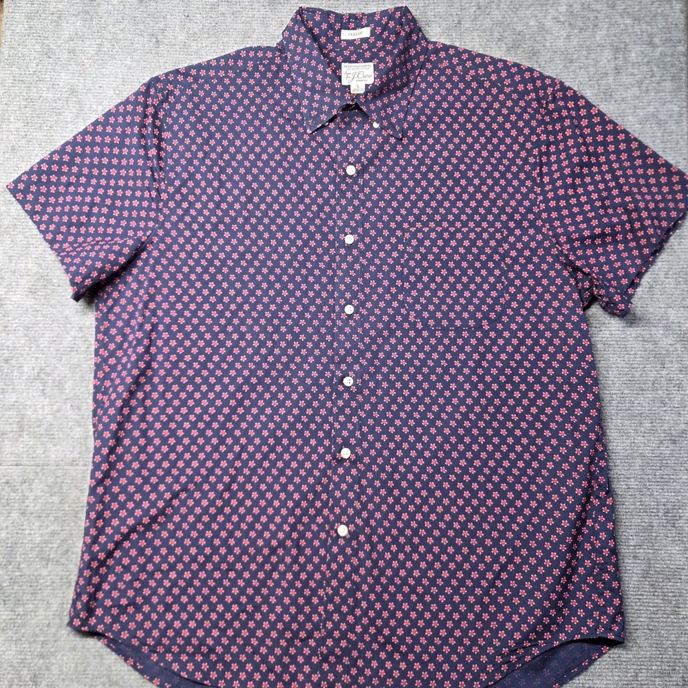 J.Crew Mens Large Secret Wash Shirt Navy Pink Floral Short Sleeve Classic Fit